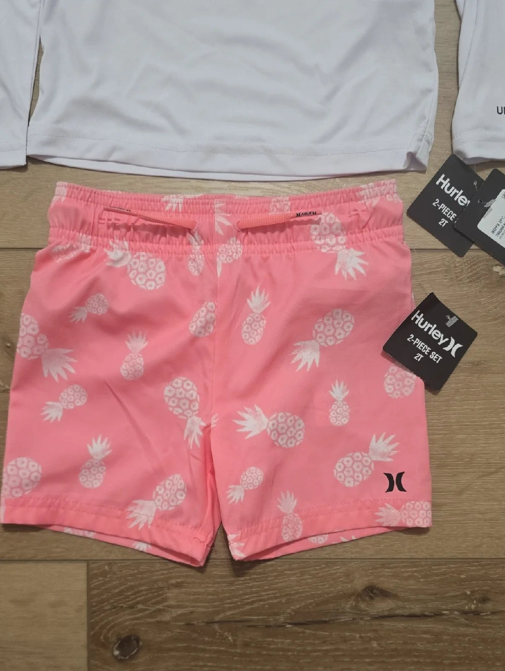 Hurley Boys 2-Piece Pineapple Swim Set White & Pink UPF 50+ H20 Dri 2t